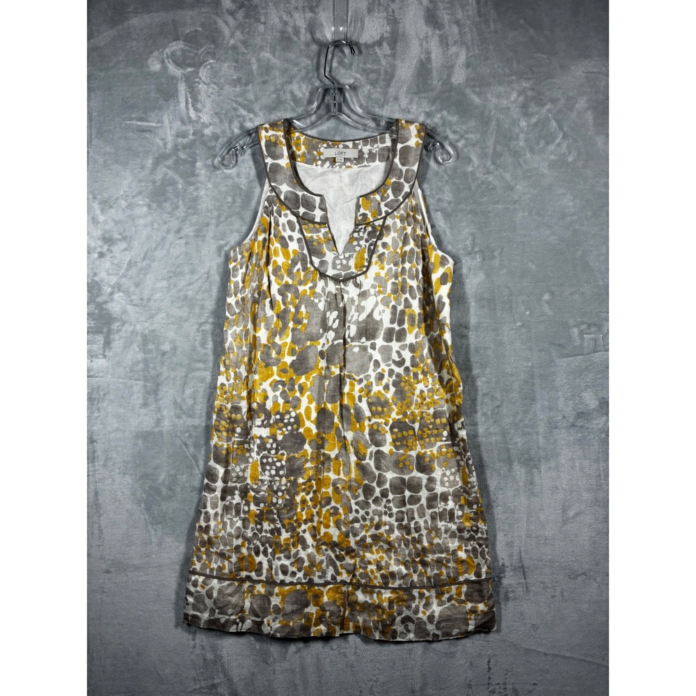 Ann‎ Taylor LOFT Womens Linen Cotton Abstract Pebble Print Shift Dress Yellow 8
